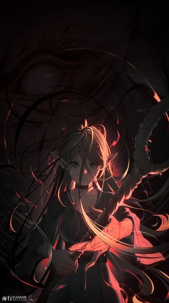Anime-Bild 1118x2004 mit dungeon meshi studio trigger marcille donato yuxing yuhang single long hair tall image looking at viewer fringe hair between eyes brown hair signed upper body pointy ears messy hair girl choker staff