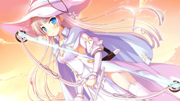 Anime picture 1280x720 with witch's garden yukimura suzuno ko~cha single long hair blush blue eyes wide image game cg white hair girl thighhighs dress hat white thighhighs bow (weapon)