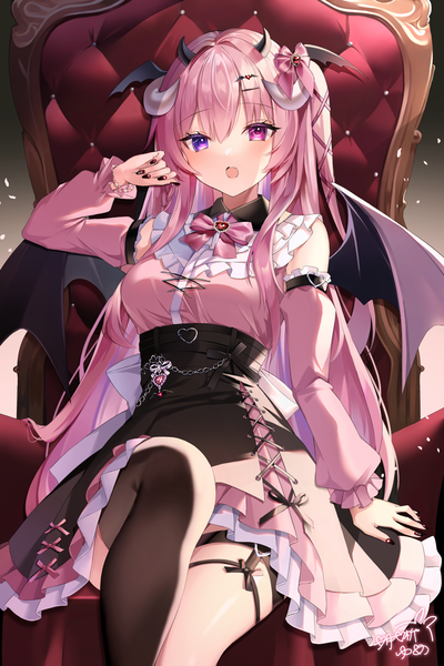 Anime picture 2489x3733 with original ymkrnchan single long hair tall image looking at viewer fringe highres breasts open mouth simple background hair between eyes sitting purple eyes signed pink hair braid (braids) long sleeves nail polish pink eyes