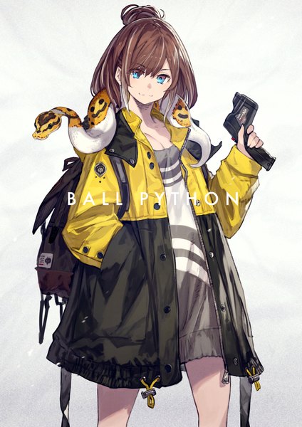 Anime picture 1768x2500 with original kusano shinta single tall image looking at viewer fringe highres short hair blue eyes simple background smile hair between eyes brown hair standing holding long sleeves multicolored hair inscription open jacket two-tone hair