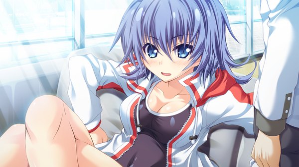 Anime picture 1024x576 with sensui-bu! looking at viewer blush short hair open mouth blue eyes light erotic wide image blue hair game cg crossed legs girl swimsuit jacket
