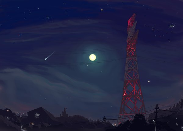 Anime picture 1280x919 with akio-bako (artist) sky night sky city shooting star moon star (stars) wire (wires) house