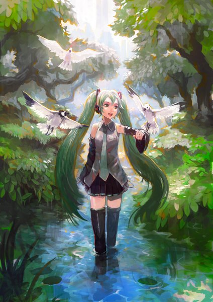 Anime picture 1000x1414 with vocaloid hatsune miku alchemaniac single long hair tall image open mouth twintails green eyes looking away pleated skirt green hair tattoo girl skirt plant (plants) detached sleeves animal tree (trees) water