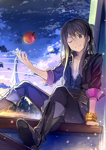 Anime picture 588x831 with tales of (series) tales of vesperia yuri lowell kinoshita neko single long hair tall image looking at viewer fringe black hair smile hair between eyes sitting sky cloud (clouds) one eye closed wink black eyes outstretched arm boy
