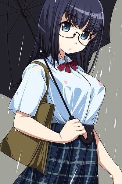 Anime picture 800x1200 with original matsunaga kouyou single long hair tall image looking at viewer blue eyes black hair rain girl skirt shirt glasses umbrella bag