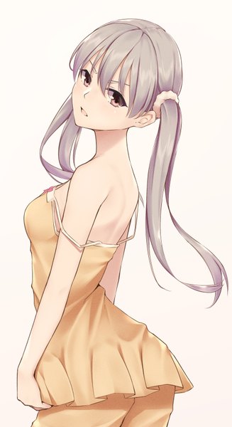 Anime picture 1807x3312 with owarimonogatari shaft (studio) monogatari (series) oikura sodachi nestea single long hair tall image looking at viewer blush fringe highres breasts open mouth light erotic simple background hair between eyes standing twintails bare shoulders