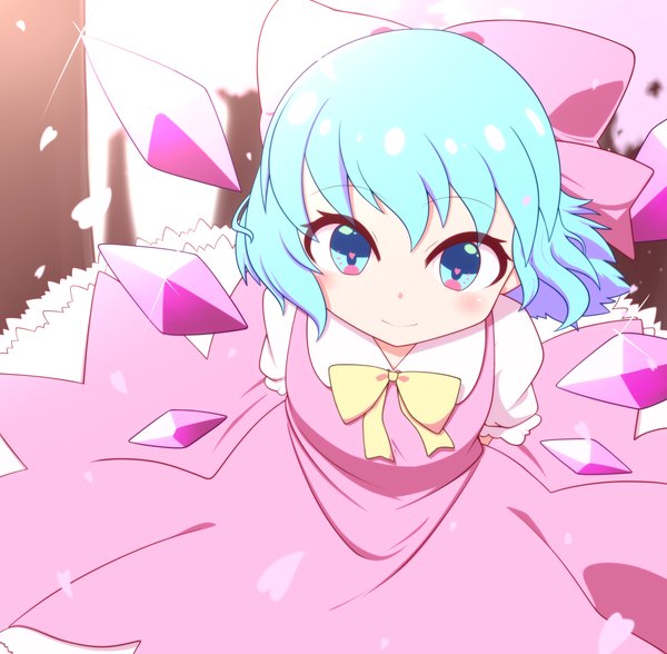 Anime picture 2500x2450 with touhou cirno sakura cirno shikabane homura single looking at viewer highres short hair blue eyes smile blue hair from above wind hands behind back girl dress petals wings pink dress