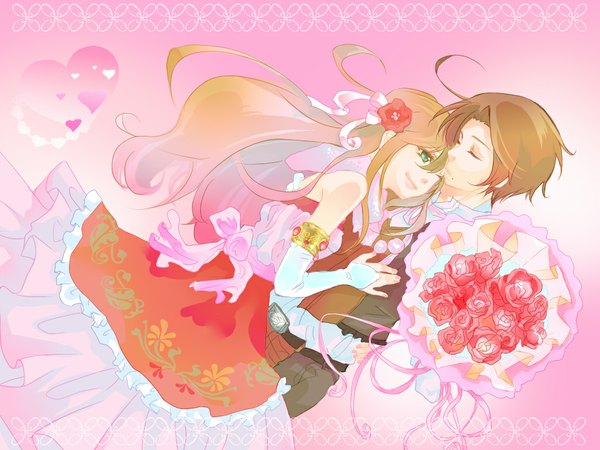 Anime picture 1024x768 with axis powers hetalia studio deen austria (hetalia) hungary (hetalia) long hair short hair simple background brown hair green eyes eyes closed hair flower mole couple hug girl dress boy gloves hair ornament flower (flowers)