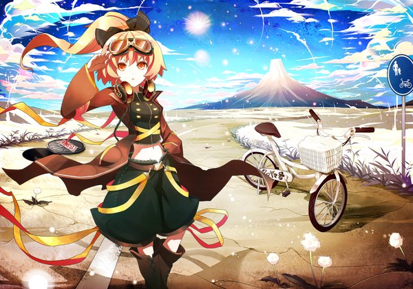 Anime picture 1500x1050 with touhou kurodani yamame kusakanmuri single long hair blonde hair yellow eyes looking away sky cloud (clouds) ponytail open clothes bare belly midriff mountain landscape goggles on head headphones around neck cover album cover