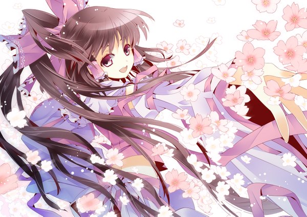 Anime picture 1500x1061 with touhou hakurei reimu aya003030 single long hair open mouth black hair red eyes girl flower (flowers) bow hair bow detached sleeves petals