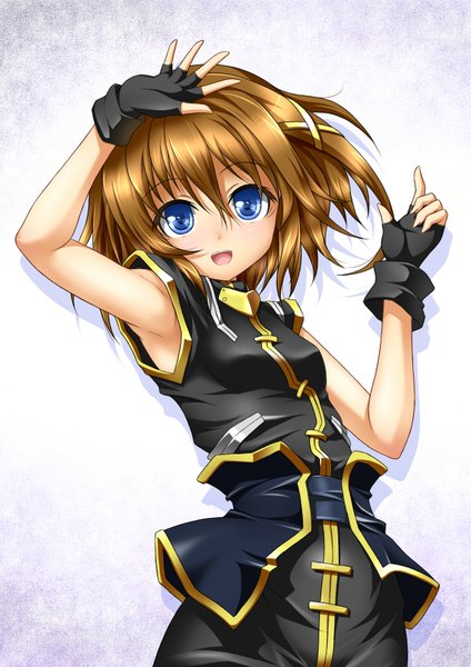 Anime picture 1240x1754 with mahou shoujo lyrical nanoha mahou shoujo lyrical nanoha strikers yagami hayate roura single tall image looking at viewer short hair open mouth blue eyes brown hair girl fingerless gloves x hair ornament