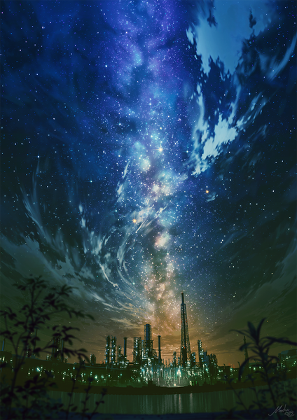 Anime picture 922x1304 with original mocha (cotton) tall image outdoors night night sky city no people scenic city lights lake milky way plant (plants) water star (stars) tower factory