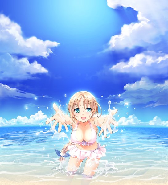 Anime picture 1280x1410 with astraythem ginta long hair tall image breasts open mouth blonde hair green eyes game cg cloud (clouds) girl swimsuit bikini water