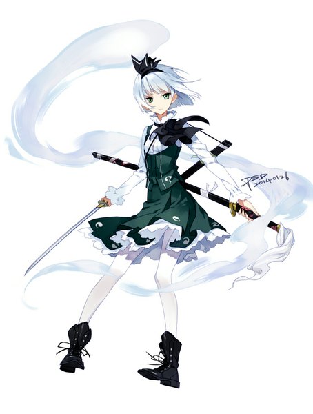 Anime picture 681x900 with touhou konpaku youmu myon psd (pixiv) single tall image fringe short hair simple background white background green eyes signed looking away silver hair girl skirt bow weapon hair bow pantyhose