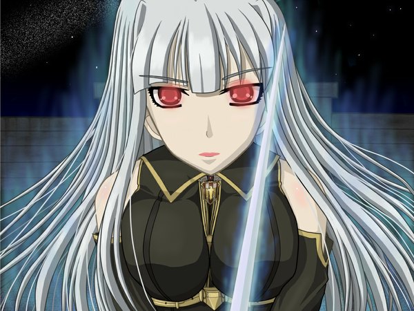Anime picture 1024x768 with valkyria chronicles selvaria bles single long hair looking at viewer fringe breasts red eyes large breasts white hair blunt bangs parted lips glowing glowing eye (eyes) glowing weapon albino aura girl weapon