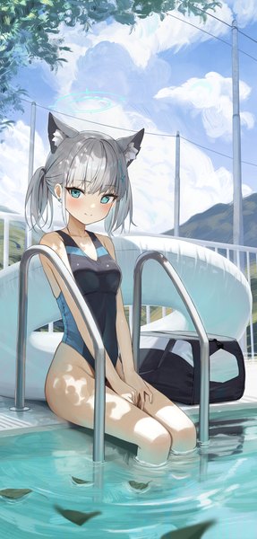 Anime-Bild 1800x3760 mit blue archive shiroko (blue archive) shiroko (swimsuit) (blue archive) hidulume single tall image looking at viewer blush highres short hair light erotic smile sitting animal ears sky silver hair cloud (clouds) outdoors aqua eyes official alternate costume