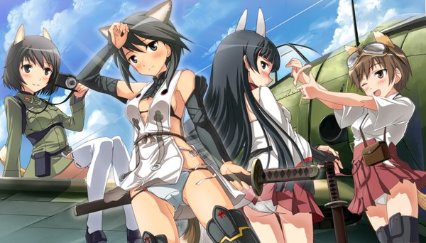 Anime picture 1750x1000 with strike witches anabuki tomoko katou keiko katou takeko kuroe ayaka hi-ho- long hair blush highres short hair light erotic black hair brown hair wide image multiple girls animal ears black eyes revision girl thighhighs