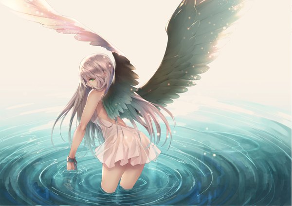 Anime picture 1200x847 with original ryouku single long hair looking at viewer light erotic white background green eyes silver hair profile from behind sleeveless partially submerged black wings ripples girl dress wings water white dress