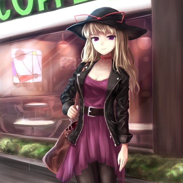 Anime picture 2000x2000 with touhou yakumo yukari minust single long hair looking at viewer highres blonde hair purple eyes open clothes open jacket girl dress hat jacket belt bag