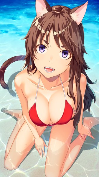 Anime picture 980x1750 with original kimura (ykimu) single long hair tall image looking at viewer blush fringe breasts open mouth light erotic brown hair large breasts sitting purple eyes bare shoulders animal ears payot full body bent knee (knees)