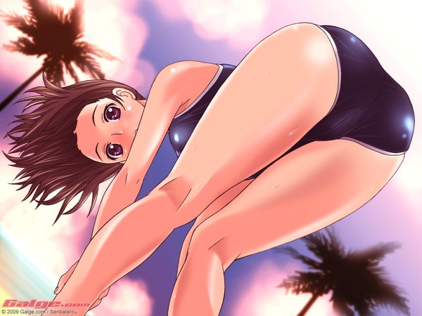 Anime picture 1365x1024 with galge.com long hair looking at viewer blush light erotic brown hair purple eyes bare shoulders sky cloud (clouds) ass from below sweat looking down bent over kneepits swimsuit plant (plants) tree (trees) one-piece swimsuit
