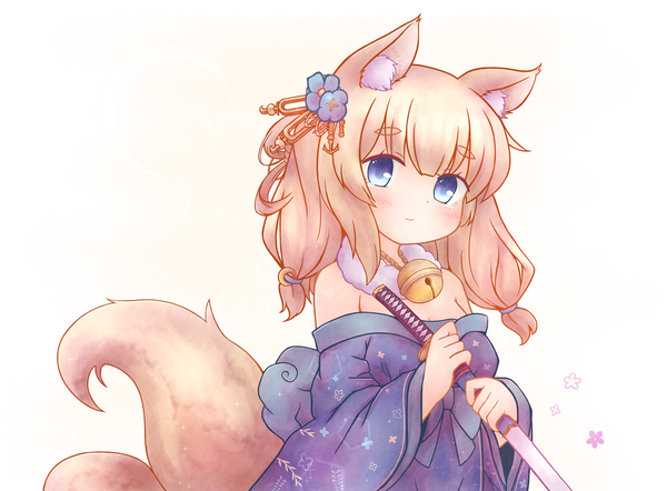 Anime picture 1200x884 with azur lane niizuki (azur lane) anaguranosato single long hair looking at viewer blush fringe blue eyes simple background blonde hair standing white background bare shoulders holding animal ears payot upper body tail traditional clothes