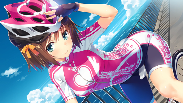 Anime picture 1919x1079 with minami-kamakura koukou joshi jitensha-bu maiharu hiromi yuuki hagure single looking at viewer highres short hair blue eyes smile brown hair wide image sky cloud (clouds) outdoors leaning leaning forward character names horizon clothes writing end card