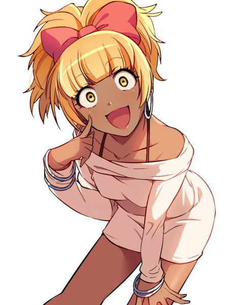 Anime picture 600x800 with osomatsu-san juushiko (osomatsu-san) sayshownen single tall image looking at viewer fringe short hair open mouth simple background blonde hair white background bare shoulders yellow eyes ponytail blunt bangs :d leaning leaning forward lipstick