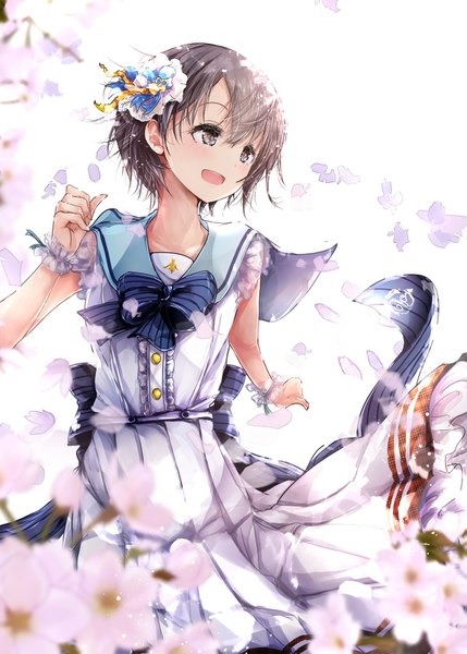 Anime picture 1200x1679 with idolmaster idolmaster cinderella girls otokura yuuki redeye (artist) single tall image blush short hair open mouth simple background white background looking away :d wind grey hair grey eyes cherry blossoms sailor collar come with me! girl