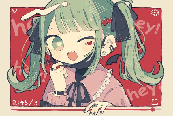 Anime picture 2048x1384 with vocaloid vampire (vocaloid) hatsune miku kanato345 single long hair looking at viewer fringe highres open mouth twintails green eyes payot blunt bangs nail polish one eye closed green hair wink fang (fangs) piercing