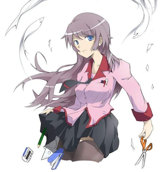 Anime picture 1056x1120 with bakemonogatari shaft (studio) monogatari (series) senjougahara hitagi single long hair tall image blue eyes simple background white background grey hair girl thighhighs skirt uniform black thighhighs school uniform shirt necktie scissors