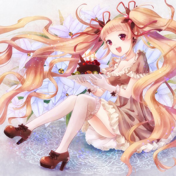 Anime picture 800x800 with original nunucco single blush fringe open mouth blonde hair red eyes sitting twintails looking away very long hair wind pointy ears high heels girl thighhighs dress gloves flower (flowers)