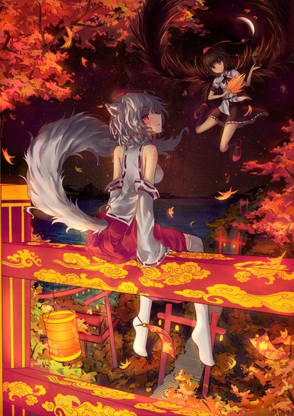 Anime picture 2480x3507 with touhou shameimaru aya inubashiri momiji horai no han gengetsu tall image highres short hair black hair smile red eyes sitting bare shoulders multiple girls profile grey hair night sky back wolf ears crescent wolf tail