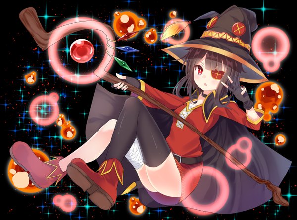 Anime picture 2756x2046 with kono subarashii sekai ni shukufuku wo! studio deen megumin tem+ single long hair blush fringe highres breasts open mouth light erotic red eyes bent knee (knees) :o sparkle magic girl thighhighs dress