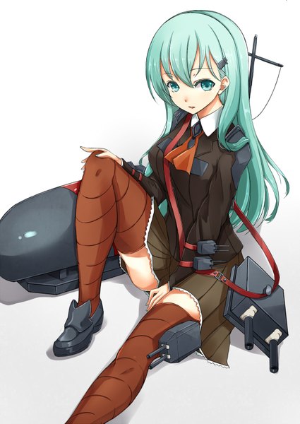 Anime picture 1128x1593 with kantai collection suzuya heavy cruiser asya single long hair tall image looking at viewer simple background white background sitting green eyes green hair girl thighhighs skirt weapon miniskirt shoes jacket gun