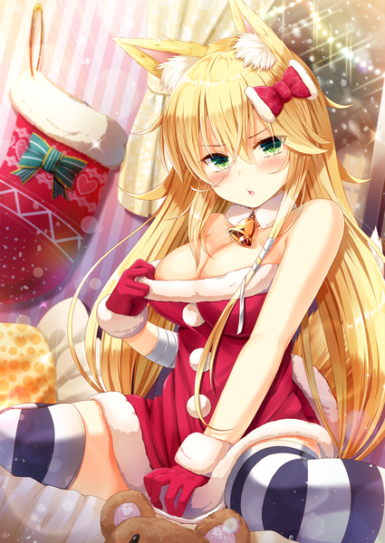 Anime picture 1000x1412 with original akine (kuroyuri) single long hair tall image looking at viewer blush fringe breasts open mouth light erotic blonde hair hair between eyes large breasts sitting green eyes animal ears cleavage sparkle zettai ryouiki