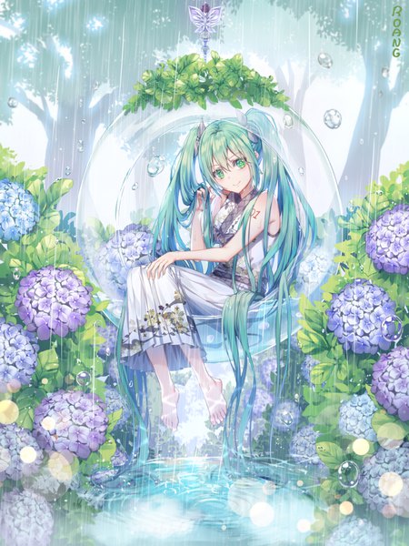 Anime picture 700x934 with vocaloid hatsune miku roang single tall image looking at viewer fringe hair between eyes sitting twintails green eyes signed outdoors very long hair barefoot light smile aqua hair wet tattoo adjusting hair