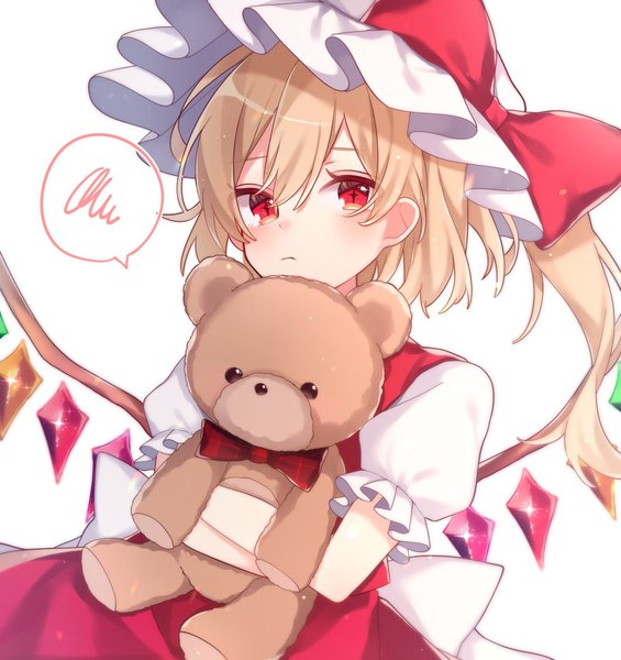 Anime picture 1600x1700 with touhou flandre scarlet yurui tuhu single tall image blush fringe short hair simple background blonde hair hair between eyes red eyes white background puffy sleeves one side up symbol-shaped pupils cute + + scribble girl
