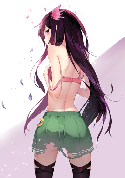 Anime picture 827x1169 with kantai collection kisaragi destroyer kentllaall single long hair tall image looking at viewer blush fringe light erotic simple background hair between eyes standing white background bare shoulders purple hair ahoge pleated skirt pink eyes looking back