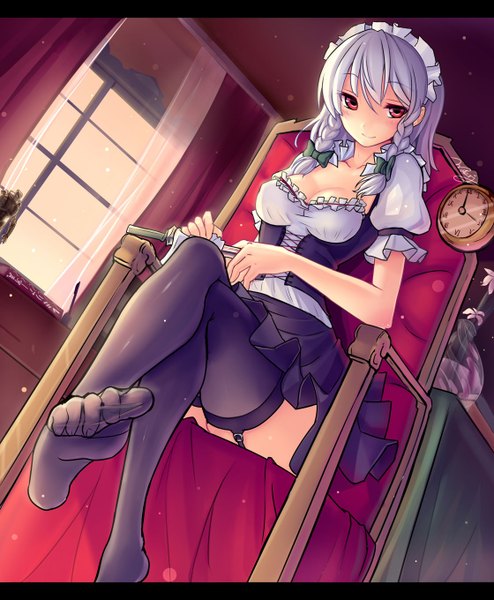 Anime picture 1120x1360 with touhou izayoi sakuya walzrj single tall image short hair light erotic red eyes sitting silver hair braid (braids) maid no shoes twin braids crossed legs girl thighhighs bow black thighhighs hair bow