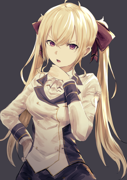 Anime picture 2480x3508 with virtual youtuber nijisanji takamiya rion misaki nonaka single long hair tall image looking at viewer fringe highres breasts open mouth simple background blonde hair hair between eyes standing purple eyes twintails payot upper body