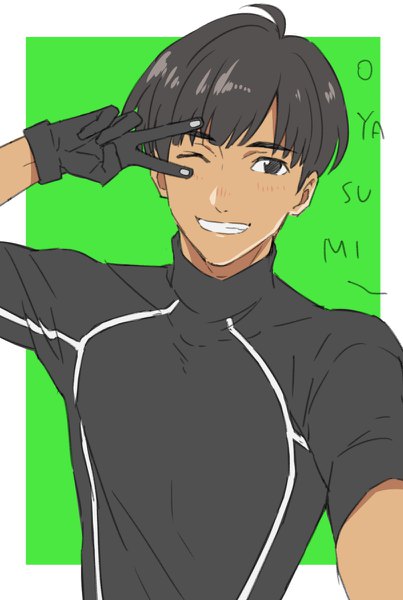 Anime picture 806x1200 with yuri!!! on ice mappa phichit chulanont natsuko (bluecandy) single tall image looking at viewer fringe short hair black hair simple background smile upper body ahoge one eye closed wink black eyes inscription text dark skin