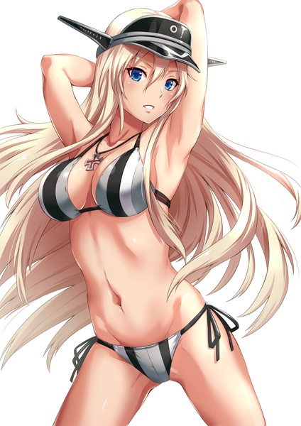 Anime picture 800x1131 with kantai collection bismarck battleship sakiyamama single long hair tall image looking at viewer blush fringe breasts open mouth blue eyes light erotic simple background blonde hair hair between eyes standing white background cleavage armpit (armpits)