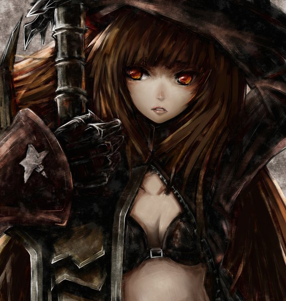 Anime picture 2000x2100 with black rock shooter black gold saw huke single long hair tall image highres open mouth light erotic brown hair looking away lips multicolored eyes girl gloves weapon armor cloak bikini top huge weapon