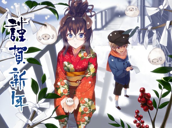 Anime picture 1000x747 with original kabocha (monkey4) long hair open mouth blue eyes black hair red eyes animal ears traditional clothes japanese clothes snowing winter snow girl boy glasses food kimono berry (berries) omikuji