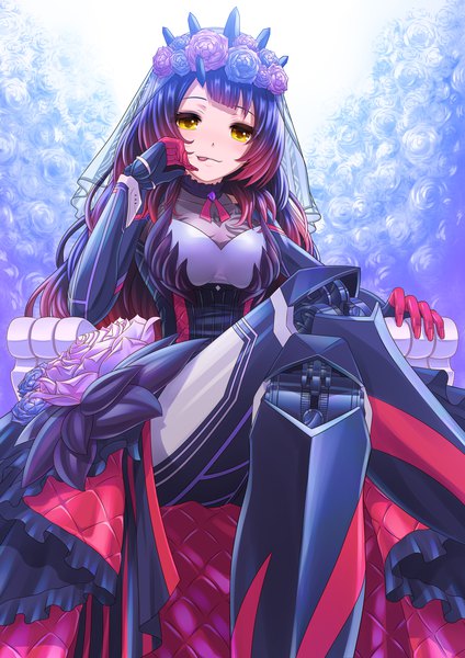 Anime picture 1900x2687 with virtual youtuber hololive roboco-san roboco-san (7th costume) matsuba ryou single long hair tall image highres black hair sitting yellow eyes red hair crossed legs official alternate costume gradient hair robot joints girl tongue android