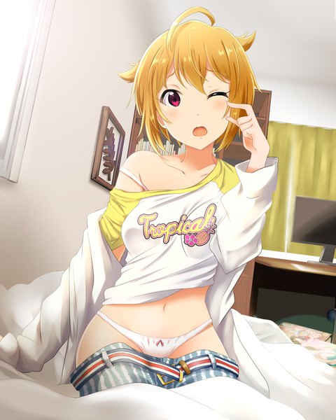 Anime picture 1601x2000 with idolmaster idolmaster million live! ibuki tsubasa shiokazunoko single tall image looking at viewer blush fringe short hair open mouth light erotic blonde hair ahoge indoors long sleeves one eye closed pink eyes wink off shoulder