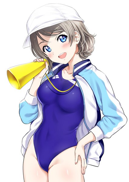 Anime picture 842x1185 with love live! sunshine!! sunrise (studio) love live! watanabe you rozen5 single tall image looking at viewer blush short hair open mouth blue eyes light erotic simple background brown hair white background head tilt hand on hip covered navel girl