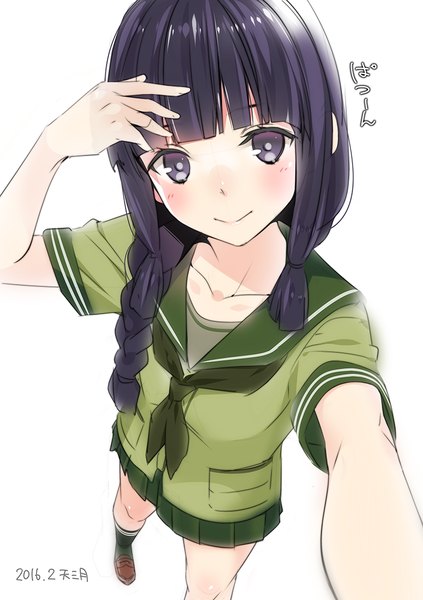 Anime picture 776x1100 with kantai collection kitakami light cruiser ama mitsuki single long hair tall image looking at viewer blush black hair simple background smile white background signed payot blunt bangs braid (braids) from above black eyes text outstretched arm