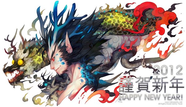 Anime picture 1050x604 with original yilee single black hair red eyes wide image profile horn (horns) pointy ears inscription hieroglyph boy animal dragon